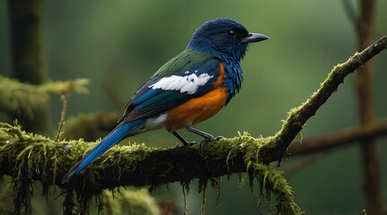 Fototapeta premium Vibrant Blue and Orange Bird Perched on a Mossy Branch