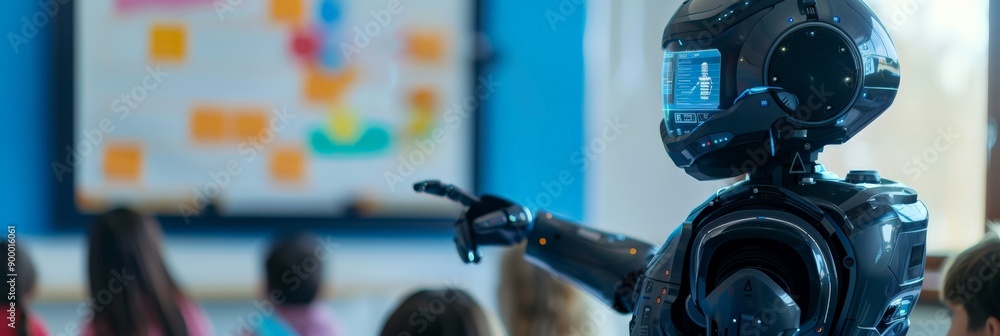 Poster High-tech robot using digital board to teach classroom of young students. Advanced AI and futuristic technology in education.