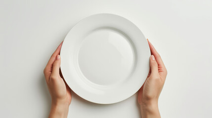 A pair of hands gently holding a clean, white plate on a minimalist background, perfect for culinary presentations and food photography.