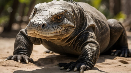 Fototapeta premium Close-up of a large reptile with sharp claws and teeth, looking intensely at the camera