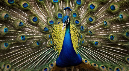 Fototapeta premium Peacock with its feathers spread out in a fan shape