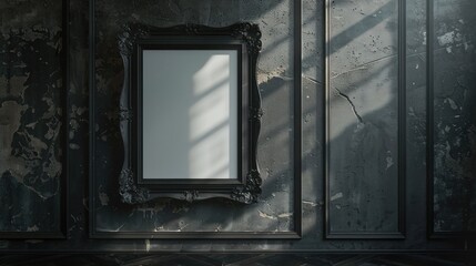 1 empty vertical frame on a wall mockup, very detailed, rococco style, dark tones, professional photograph 