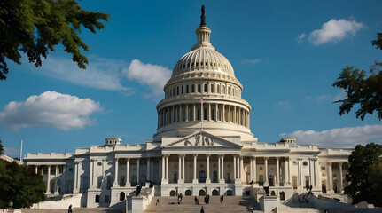 Naklejka premium The United States Capitol Building with Tourists and a Blue Sky