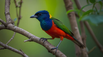 Obraz premium Colorful Bird Perched on Branch in Green Foliage