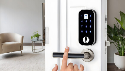 A hand unlocking a smart door with a keypad and a lever handle