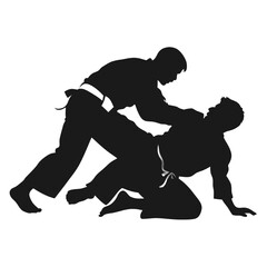 Vector Silhouette of Jiu-Jitsu Grappling Match: An intense silhouette of two martial artists engaged in a dynamic Jiu-Jitsu match. 