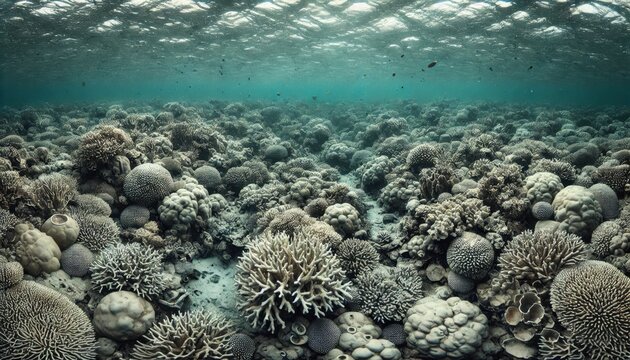 A panoramic view of a coral reef affected by ocean acidification. The once colorful and lively reef is now grey and lifeless, highlighting the impact of environmental changes.






