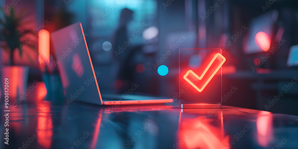 Poster red check mark in neon light on desk, computer and people working in background