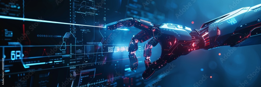 Poster Robotic hand interacting with a digital interface, showcasing advanced technology and human-machine collaboration. Future of AI and innovative tech.