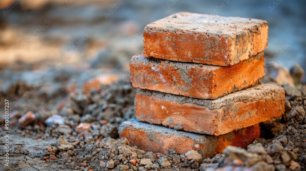Poster stack of bricks at construction site for building walls with space for text
