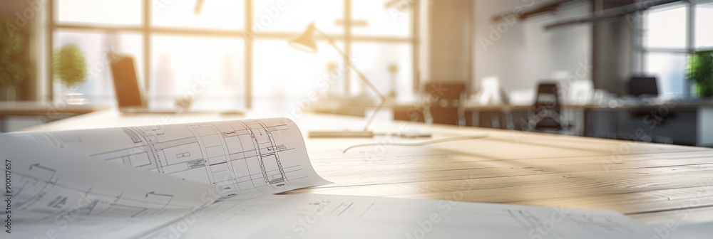 Poster Close-up of architectural blueprints on a desk in a modern office with warm sunlight. Ideal for construction planning and architectural design concepts.