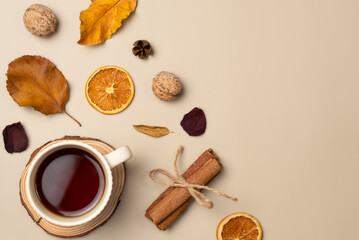 Autumn composition with cup of tea, leaves, nut, cones, dried fruits, cinnamon sticks on beige background. Top view, flat lay