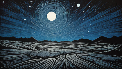 Linoleum Landscape Art Alien Planet Night Sky