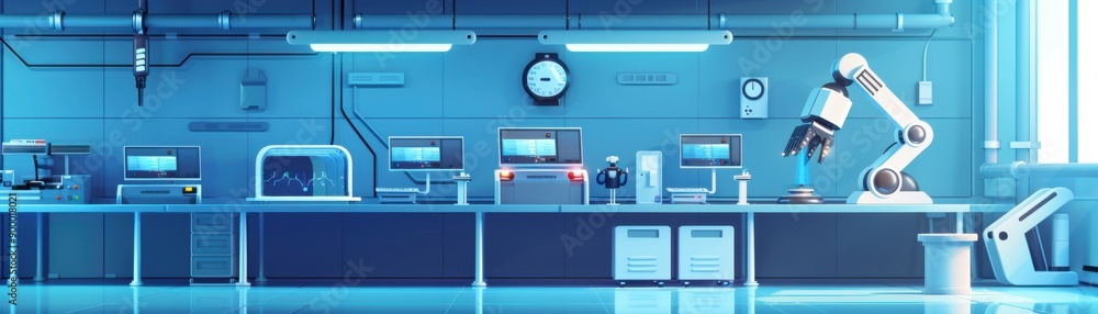 Poster futuristic laboratory with robotic arms and advanced technology in 3d flat design on blue background