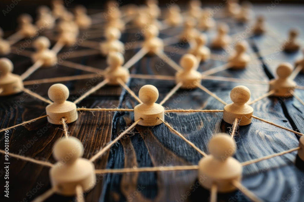 Poster wooden figures connected with strings on a table strategic and interconnected setting natural and co