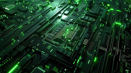Futuristic Abstract Digital Background with Green and Blue Tones, Featuring Circuit Board Elements and Glowing Lights, Representing Advanced Technology, Computer Science, and Artificial Intelligence 