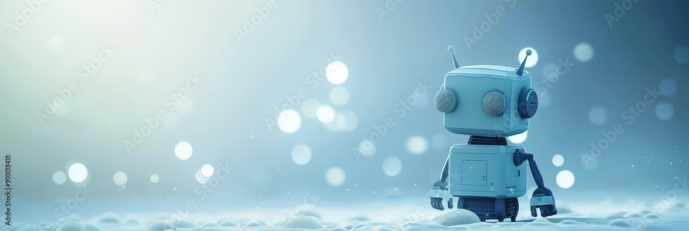 Poster small robot in a wintery landscape with a bokeh background. cute ai technology concept.
