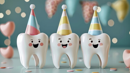 Three cute cartoon teeth with party hats