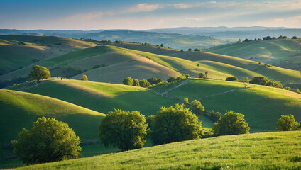 Obraz premium Rolling green hills and meadows under a blue sky with fluffy clouds.