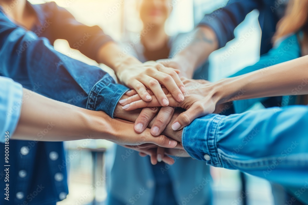 Poster group of hands stacked together in unity collaborative and supportive theme vibrant and inclusive at
