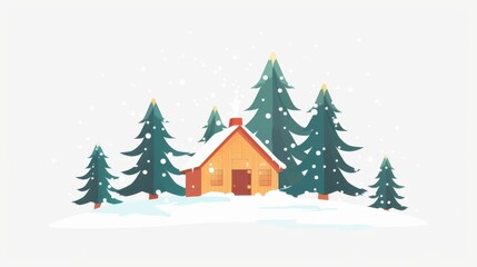 Obraz premium Winter Wonderland 3D Flat Design with Cozy Cabin and Pine Trees on White Background