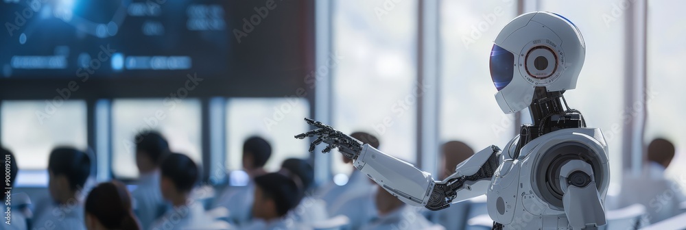 Aufkleber robot instructor in front of children in a modern classroom. ai transforming education.