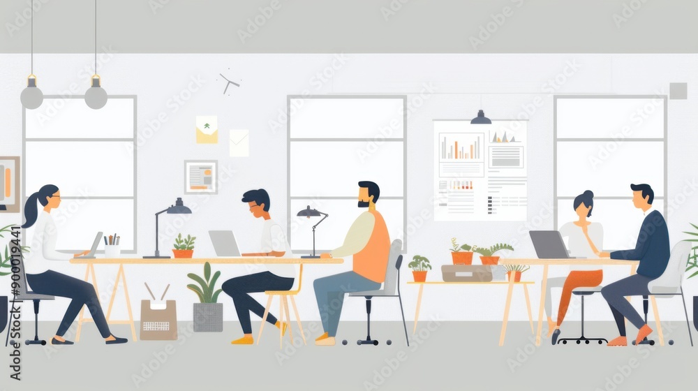 Poster modern 3d flat design of tech startup office with people working on laptops in a sleek environment a