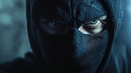 Criminal person in the black mask look at camera, closeup view. Thief face in balaklava mask