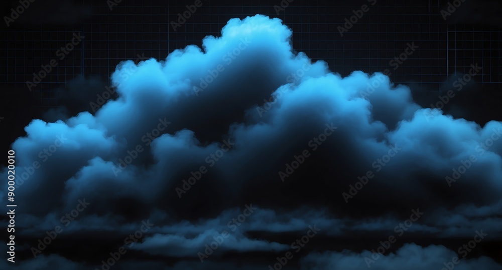 Poster blue clouds grid lines hologram projection on plain black background with copy space