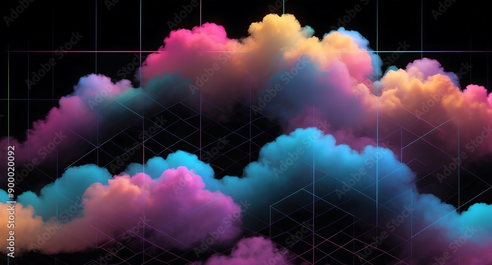Aufkleber colorful clouds grid lines hologram projection on plain black background with copy space