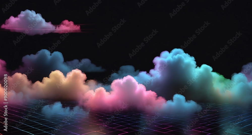 Poster colorful clouds grid lines hologram projection on plain black background with copy space