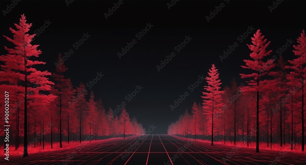 Poster digital forest landscape red grid lines hologram projection on plain black background with copy space