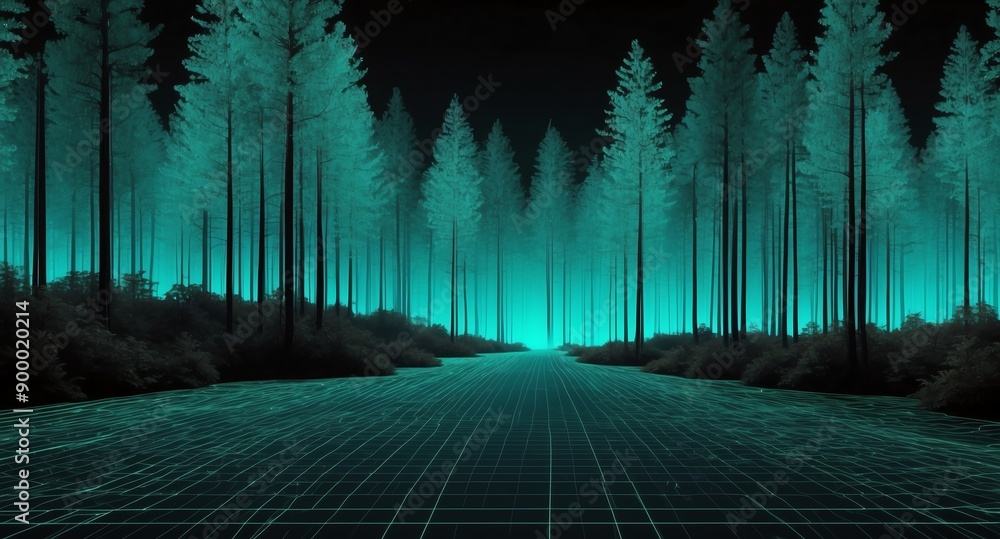 Poster digital forest landscape teal grid lines hologram projection on plain black background with copy spa