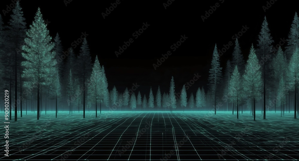 Poster digital forest landscape white grid lines hologram projection on plain black background with copy sp