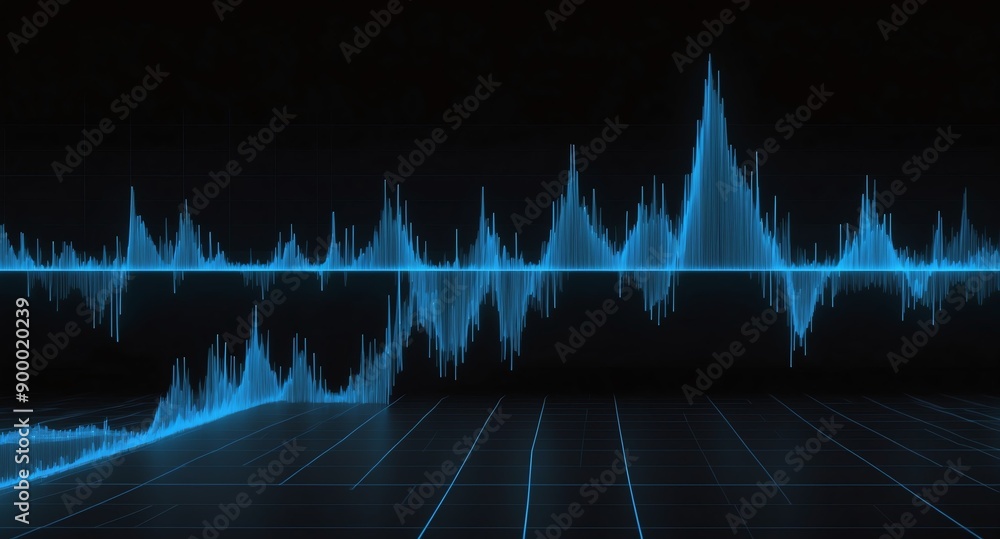 Poster digital signal frequency graph blue grid lines hologram projection on plain black background with co