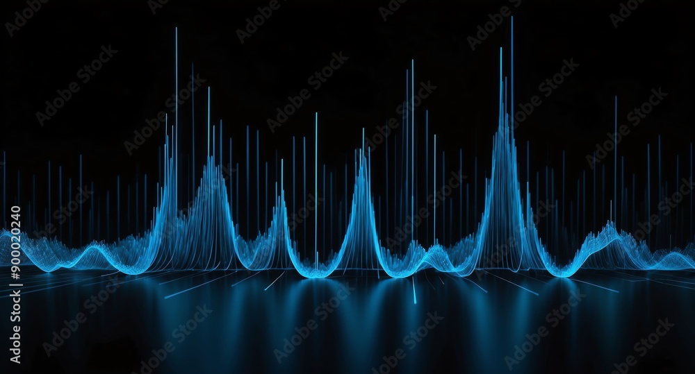 Poster digital signal frequency graph blue grid lines hologram projection on plain black background with co
