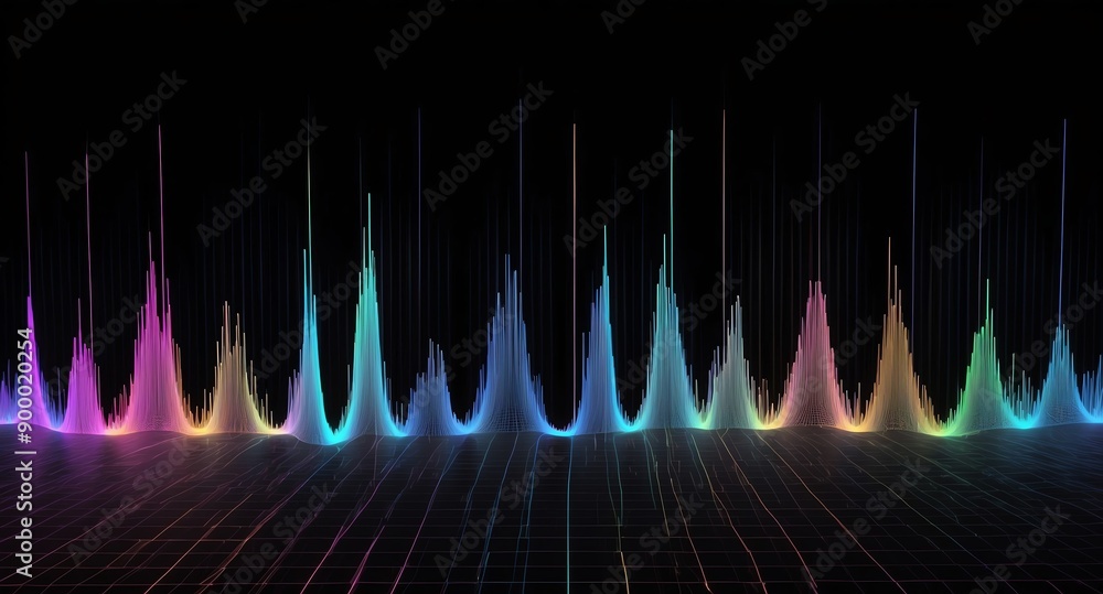 Aufkleber digital signal frequency graph colorful grid lines hologram projection on plain black background wit