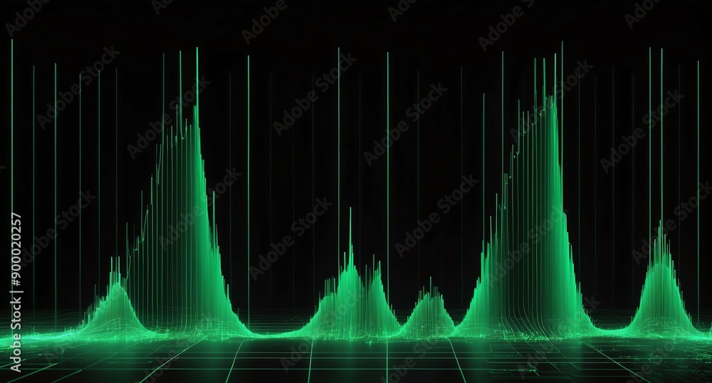 Aufkleber digital signal frequency graph green grid lines hologram projection on plain black background with c