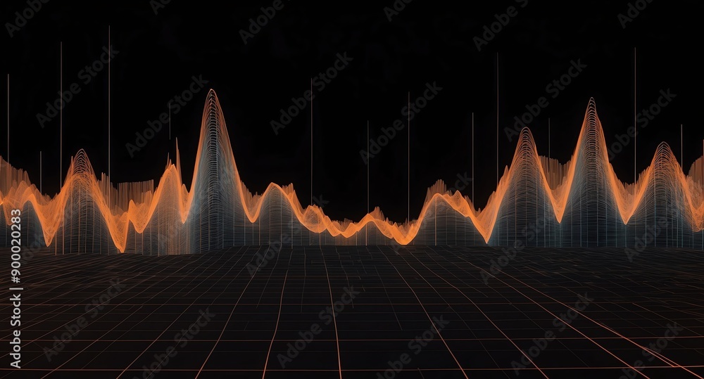 Poster digital signal frequency graph orange grid lines hologram projection on plain black background with 
