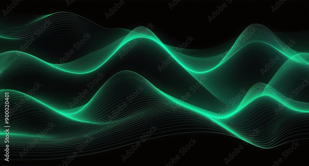 Poster digital signal waves abstract green grid lines hologram projection on plain black background with co