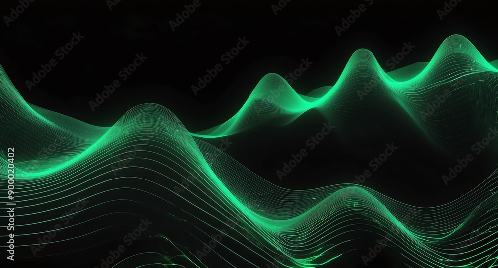 Poster digital signal waves abstract green grid lines hologram projection on plain black background with co