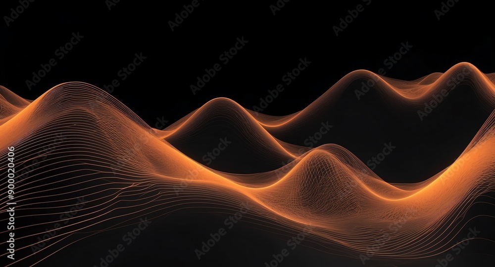 Poster digital signal waves abstract orange grid lines hologram projection on plain black background with c