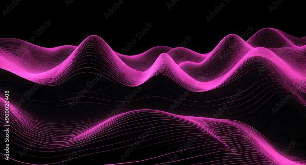Poster digital signal waves abstract pink grid lines hologram projection on plain black background with cop
