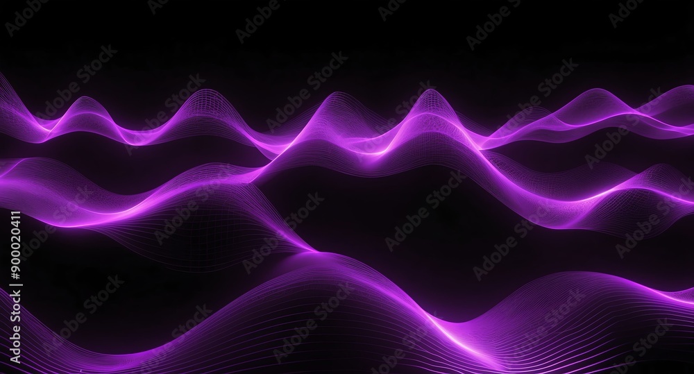 Poster digital signal waves abstract purple grid lines hologram projection on plain black background with c