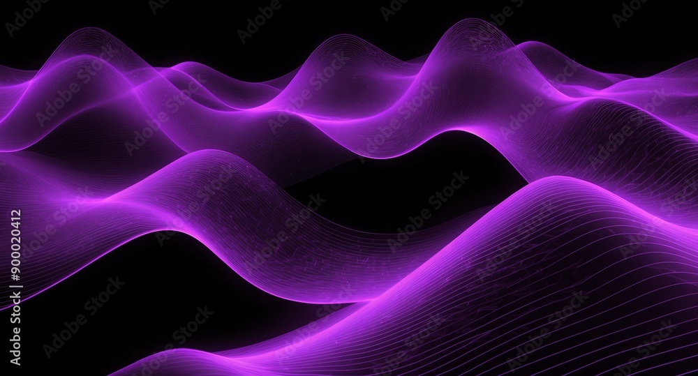 Poster digital signal waves abstract purple grid lines hologram projection on plain black background with c