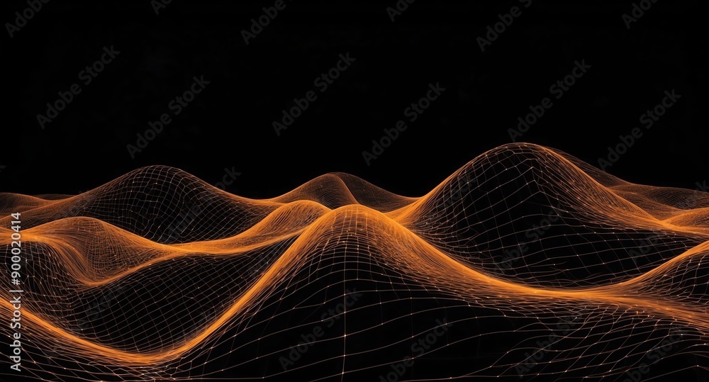 Poster digital signal waves abstract orange grid lines hologram projection on plain black background with c