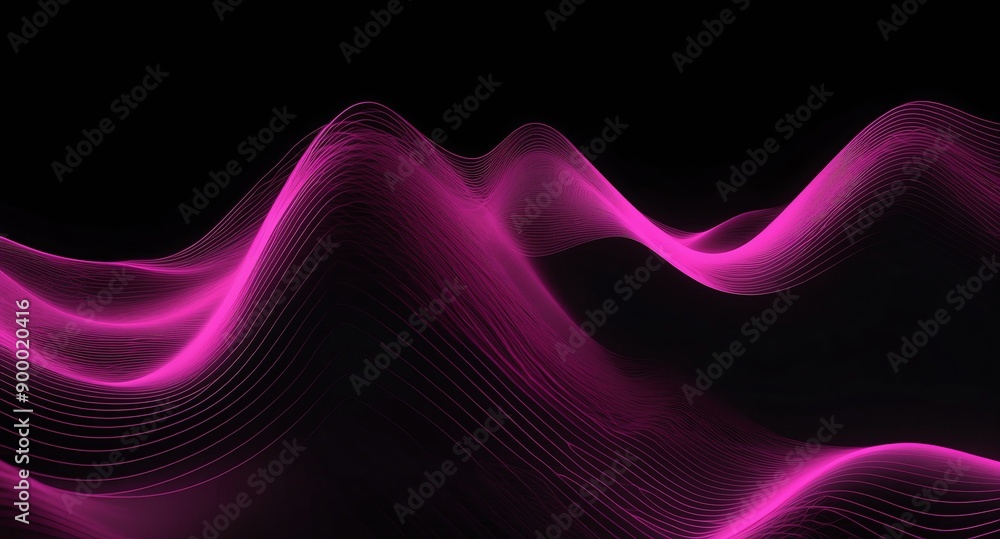 Poster digital signal waves abstract pink grid lines hologram projection on plain black background with cop