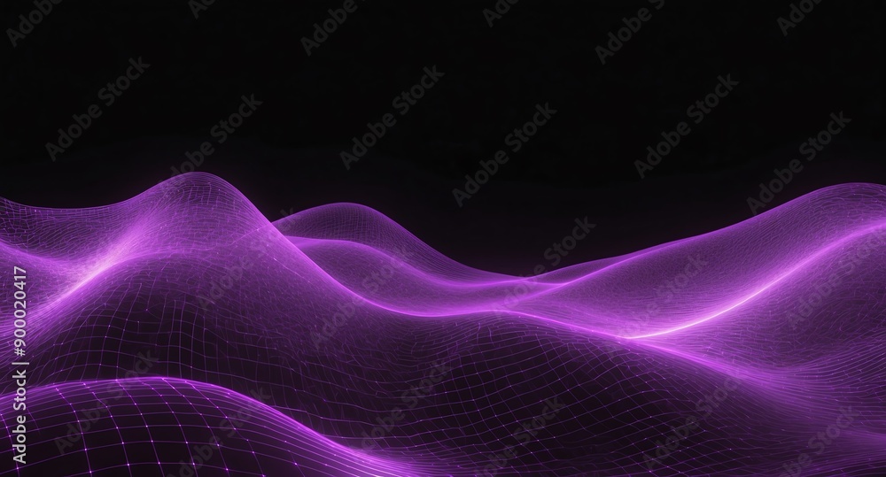 Poster digital signal waves abstract purple grid lines hologram projection on plain black background with c
