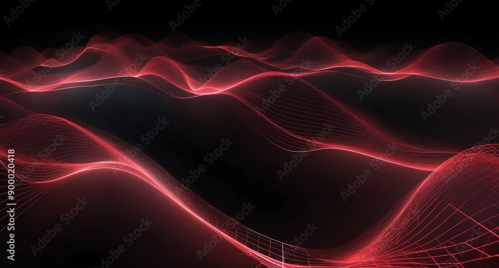 Poster digital signal waves abstract red grid lines hologram projection on plain black background with copy