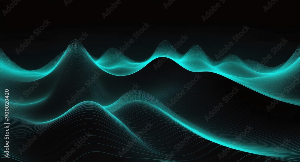 Poster digital signal waves abstract teal grid lines hologram projection on plain black background with cop